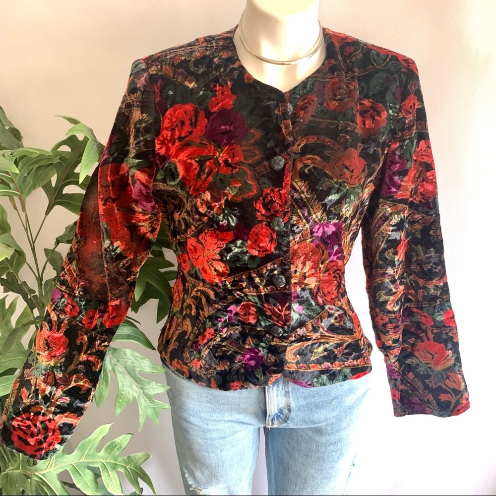 Vintage Floral Velvet Jacket in Red, Green, Purple